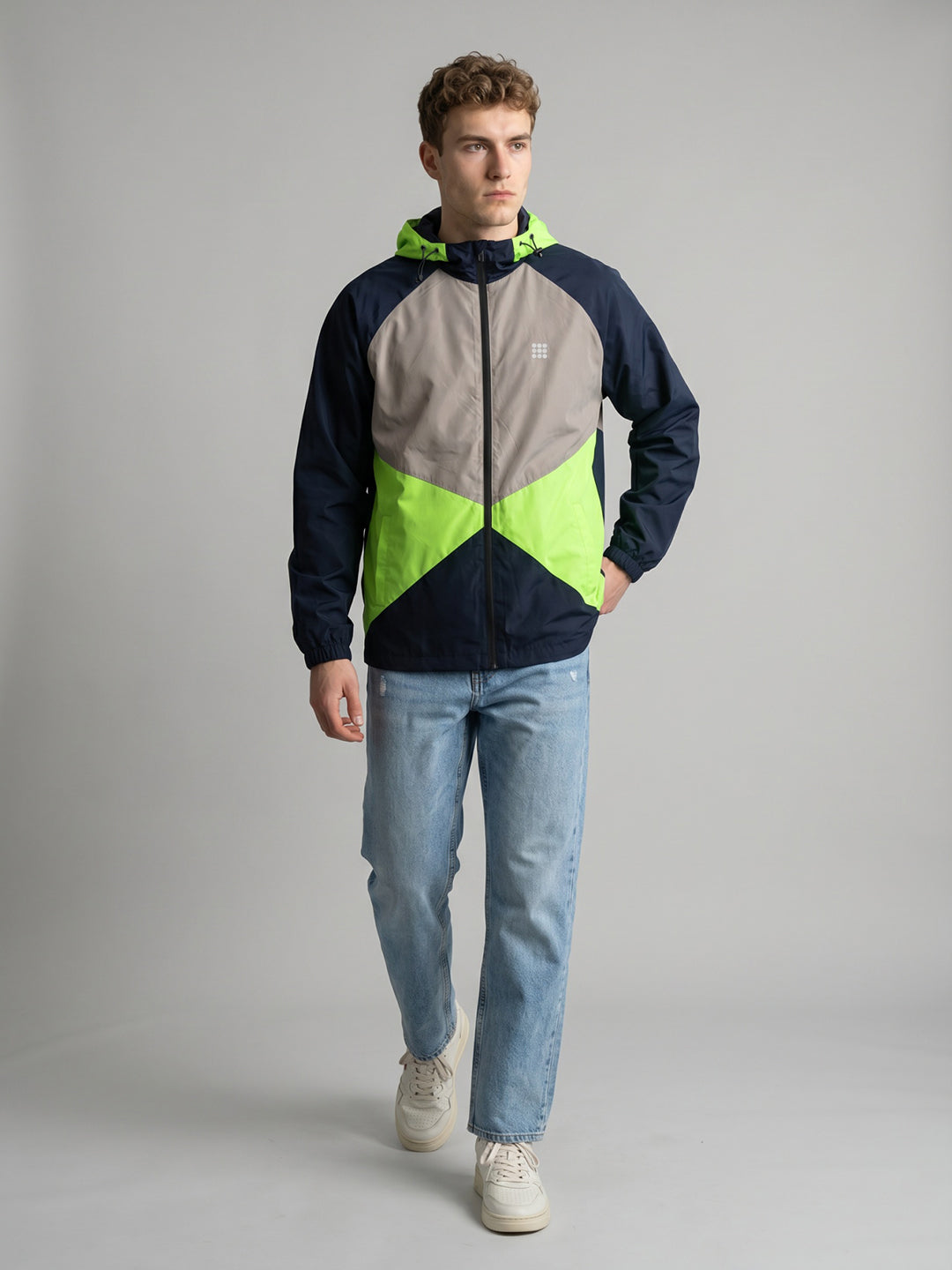 Rock.it Men Navy Blue Colourblocked Detachable Hood Full Sleeve Windcheater