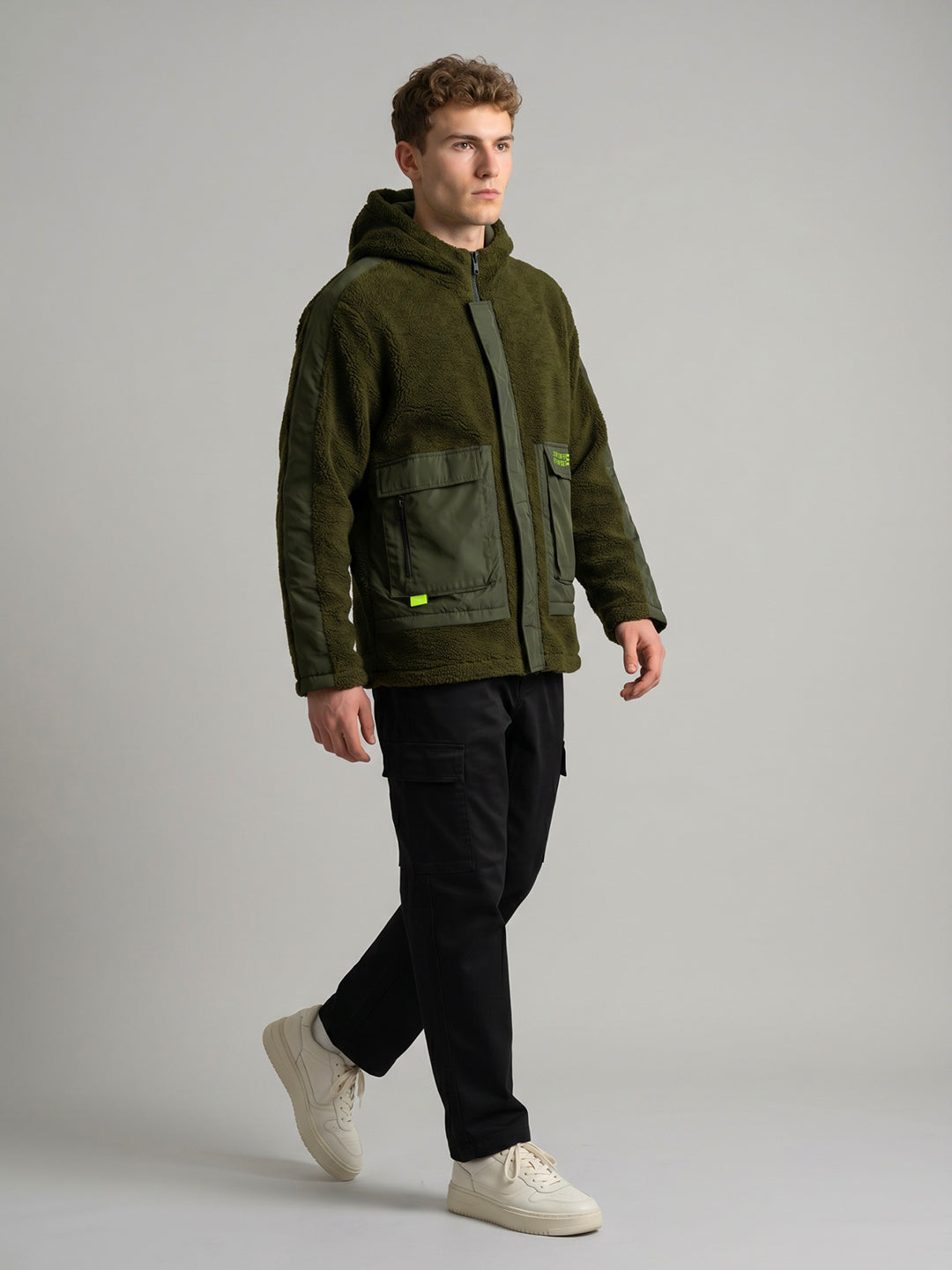 Rock.it Men Olive Solid Hooded Full Sleeve Sherpa Jacket