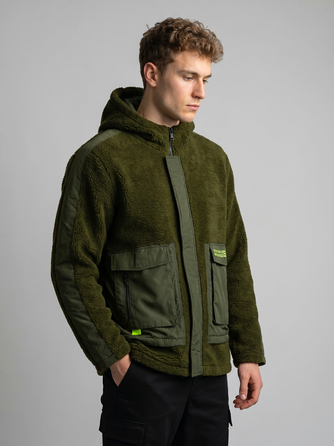 Rock.it Men Olive Solid Hooded Full Sleeve Sherpa Jacket