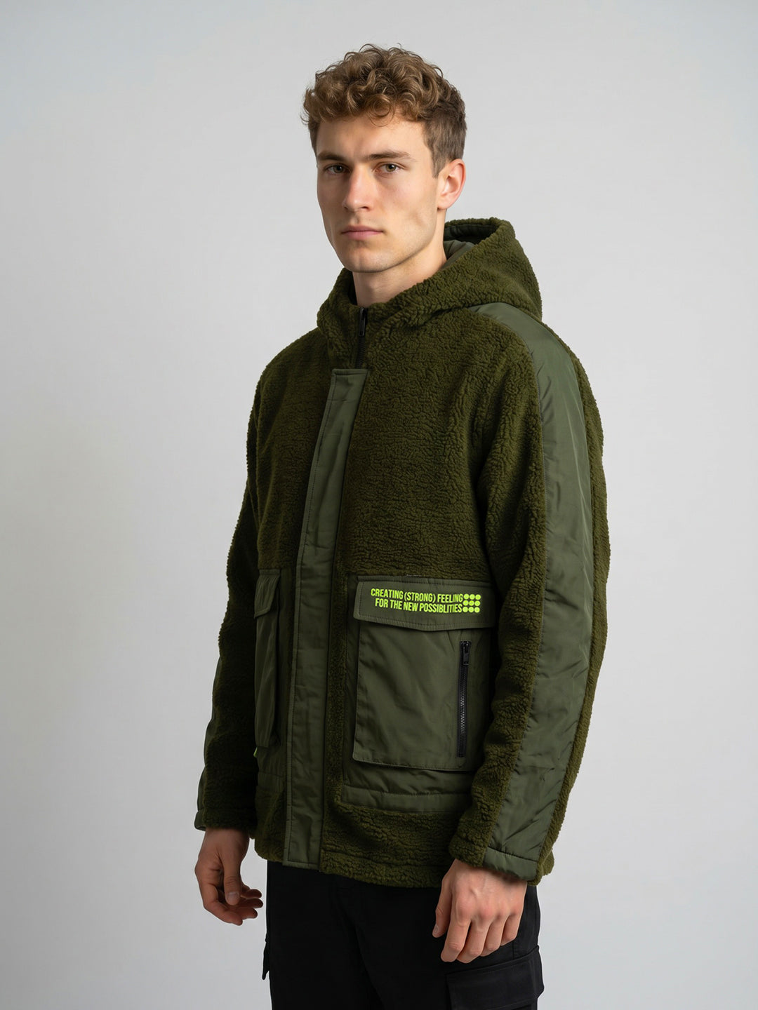 Rock.it Men Olive Solid Hooded Full Sleeve Sherpa Jacket