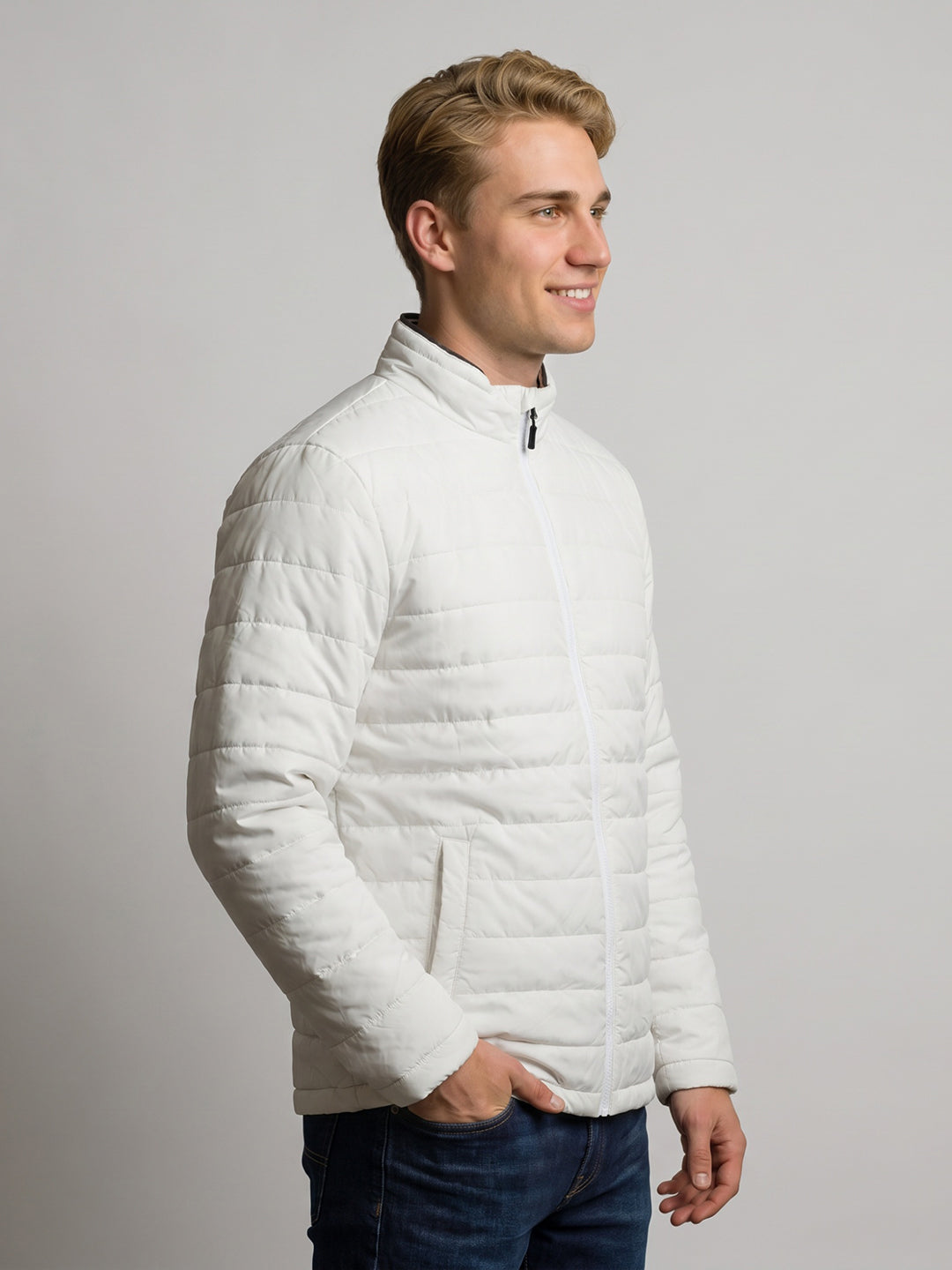 Rock.it Men White Solid Turtle Neck Full Sleeve Puffer Jacket