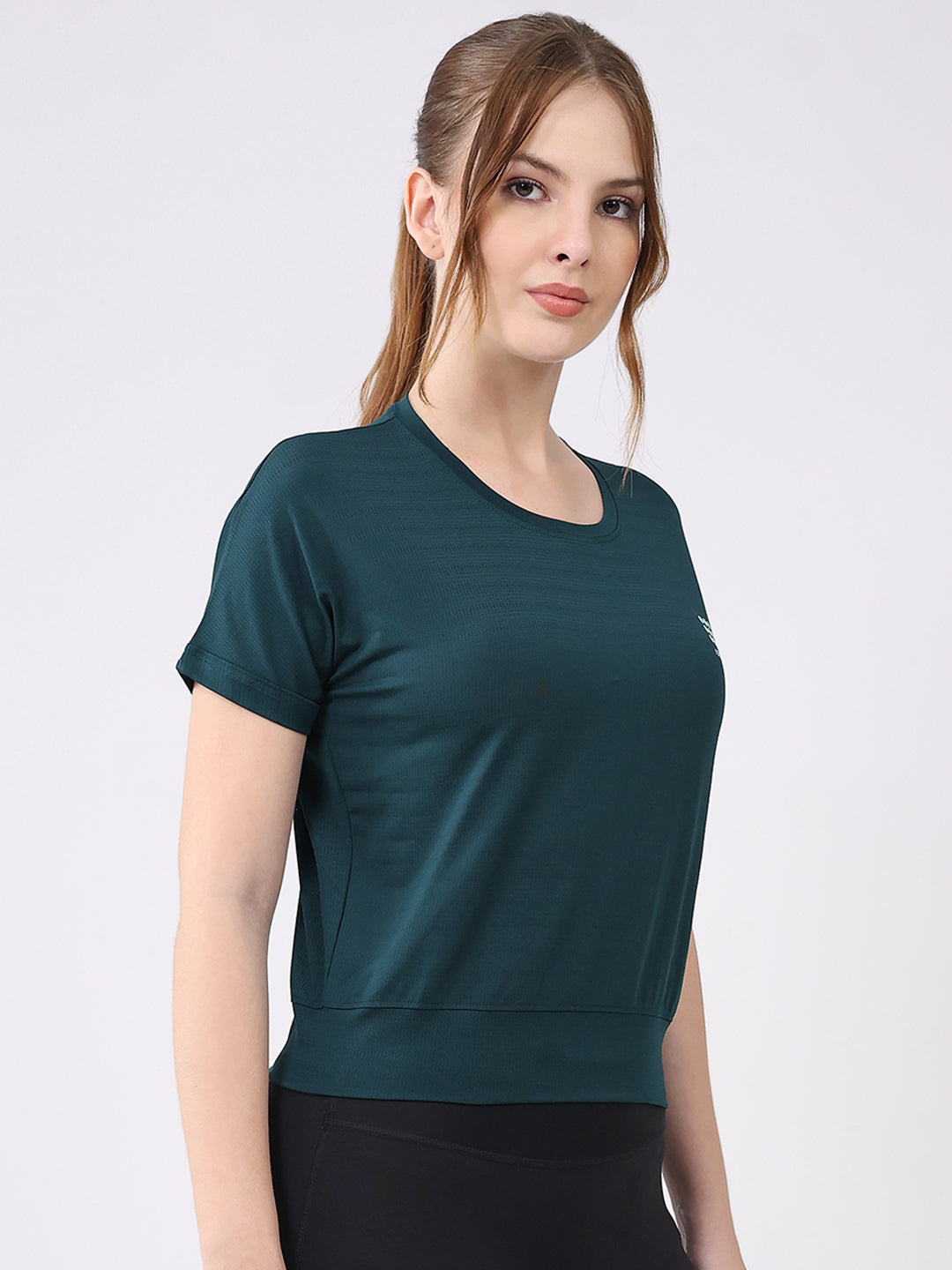 Rock.it Women Green Solid Round Neck Half Sleeve Top
