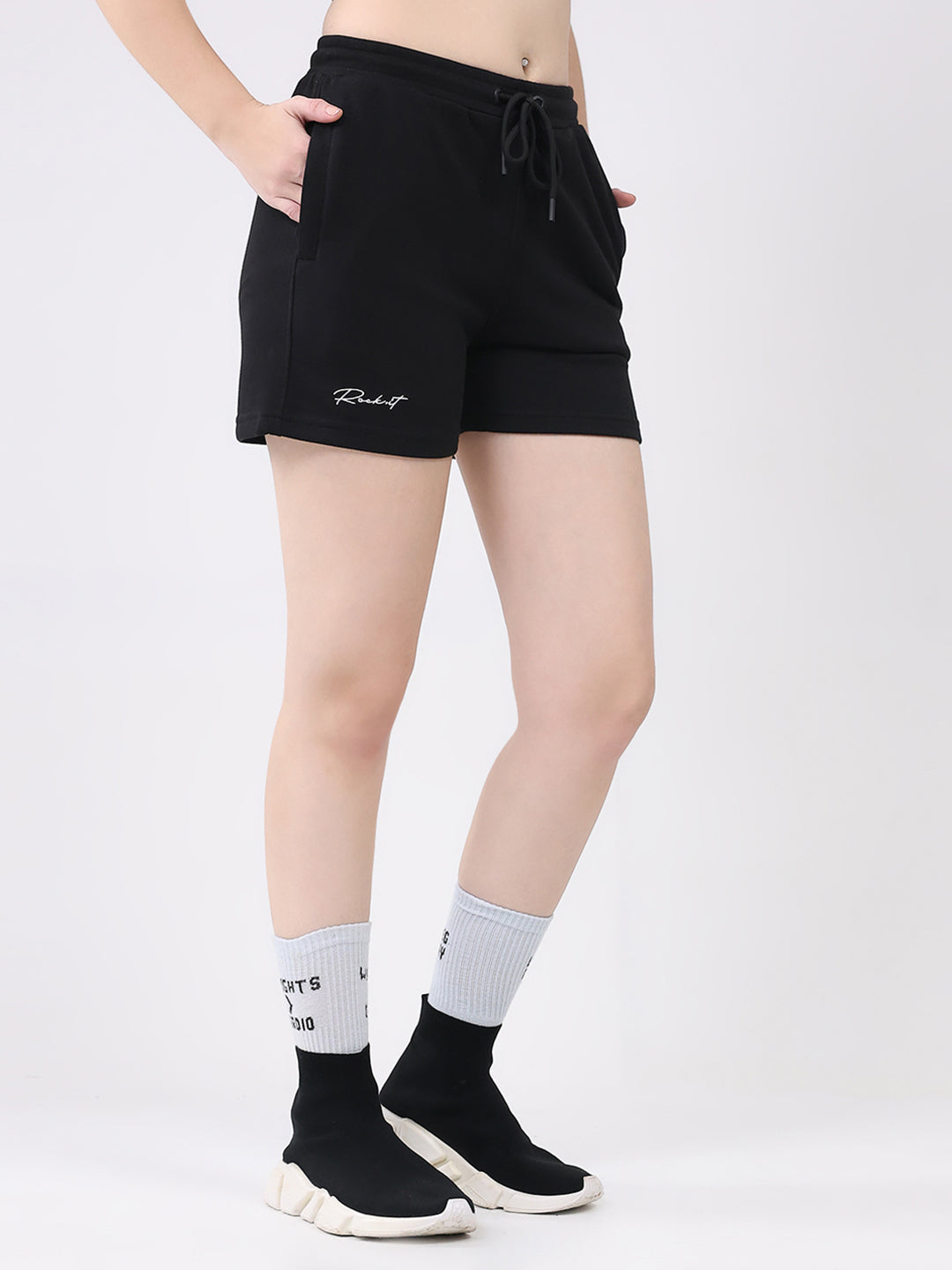 Rock.it Women Black Solid Regular Fit Shorts