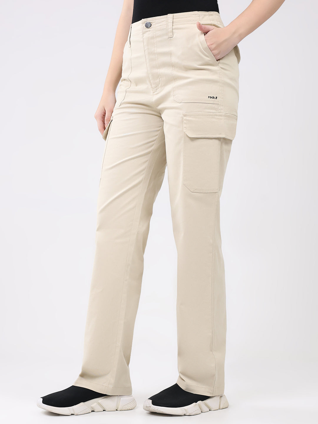 Rock.it Women Beige Solid Straight Fit Cargo