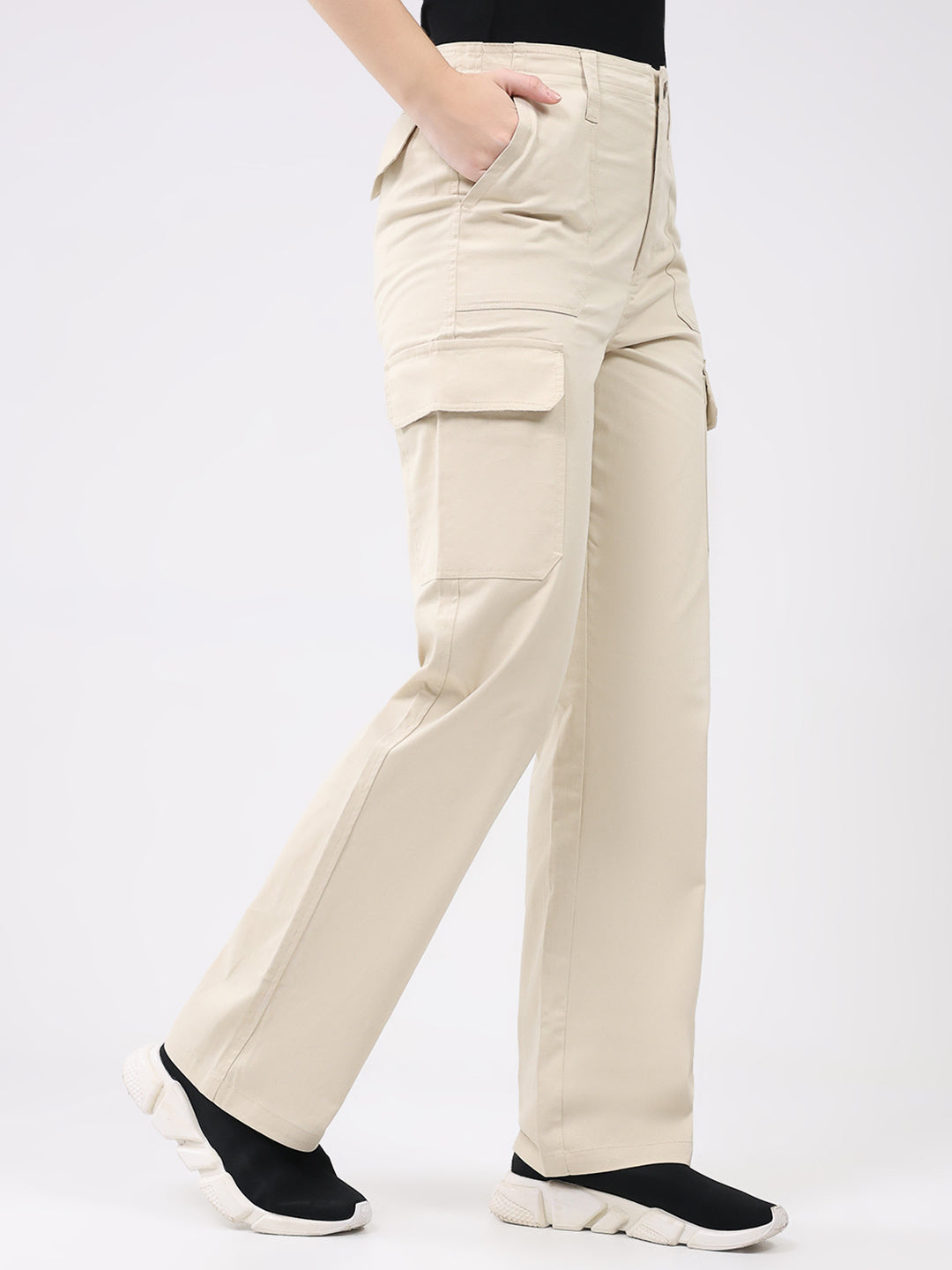 Rock.it Women Beige Solid Straight Fit Cargo