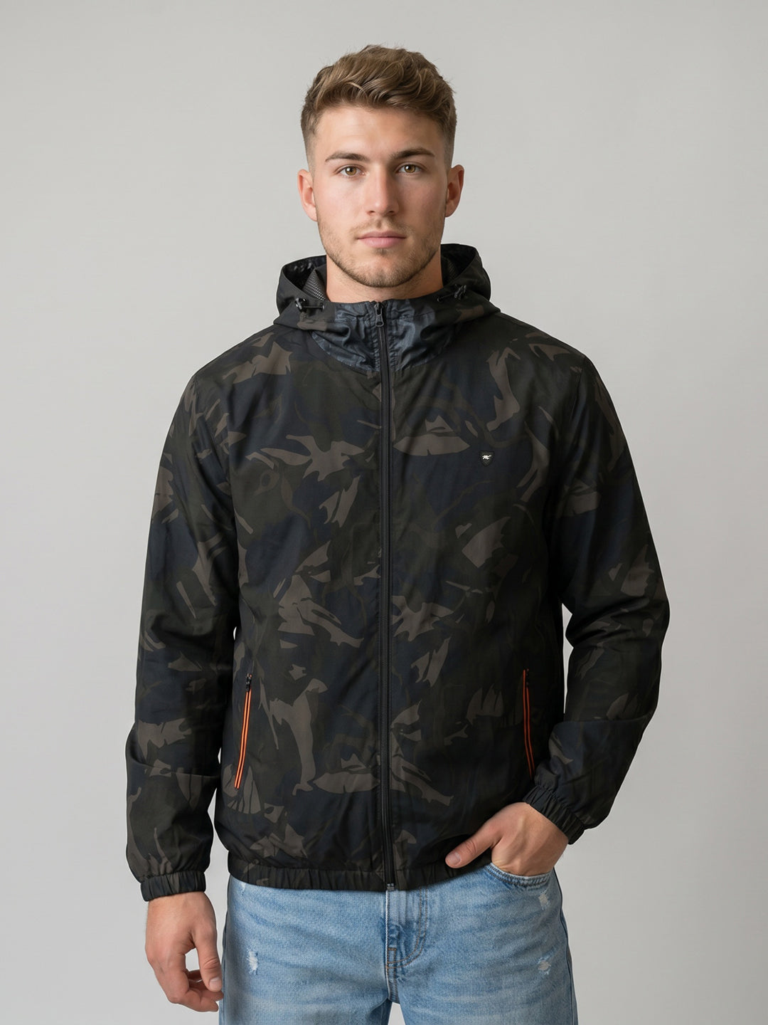 Men Black Camouflage Hooded Full Sleeve Windcheater Jacket
