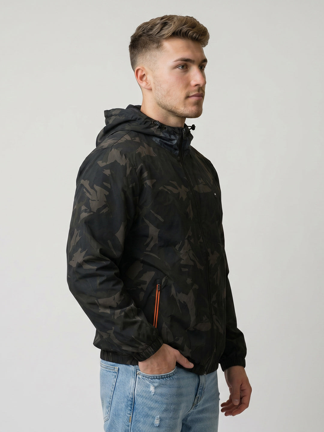 Men Black Camouflage Hooded Full Sleeve Windcheater Jacket