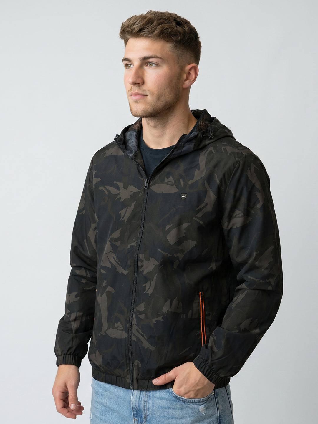 Men Black Camouflage Hooded Full Sleeve Windcheater Jacket
