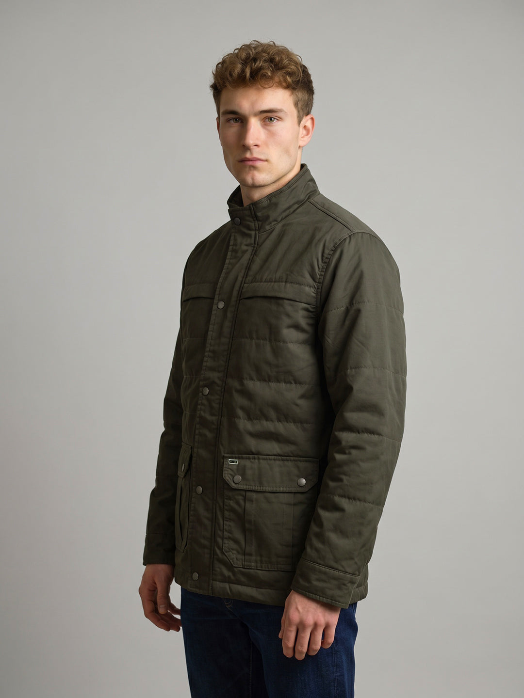 Men Charcoal Solid Collar Full Sleeve Parka Jacket