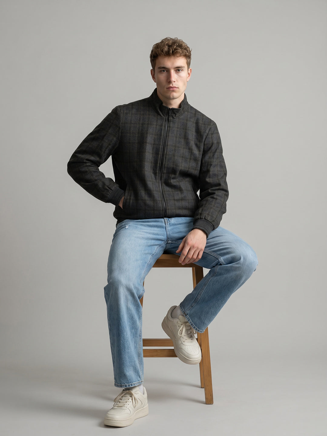 Men Grey Self Design Mandarin Collar Full Sleeve Coat