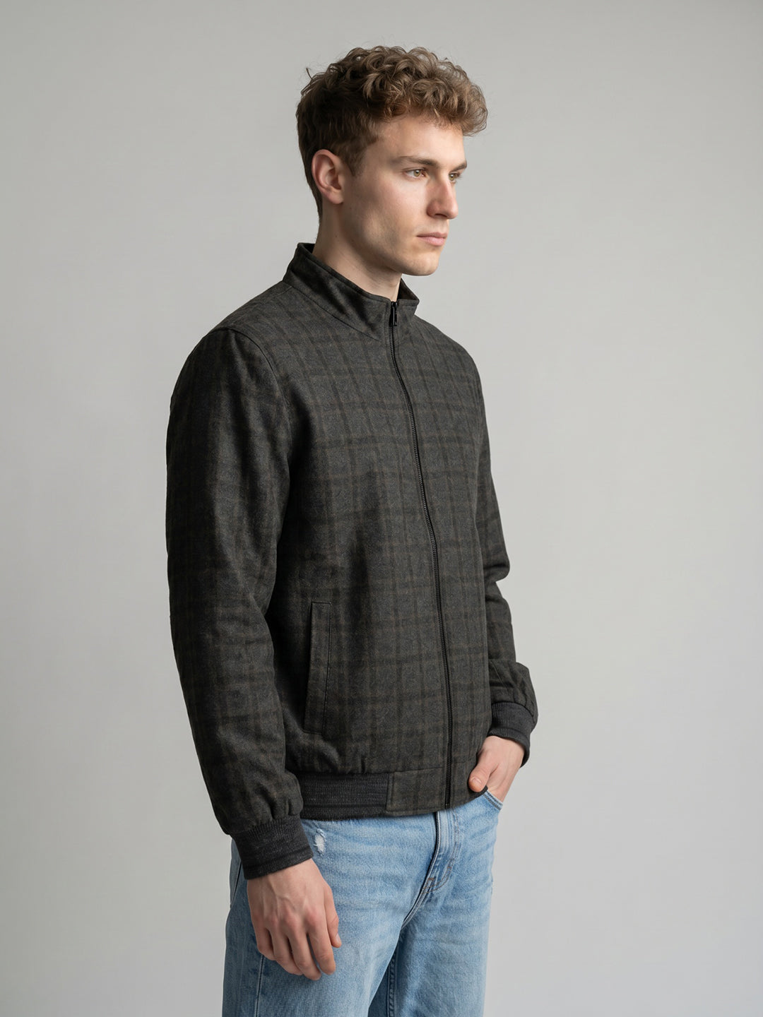 Men Grey Self Design Mandarin Collar Full Sleeve Coat