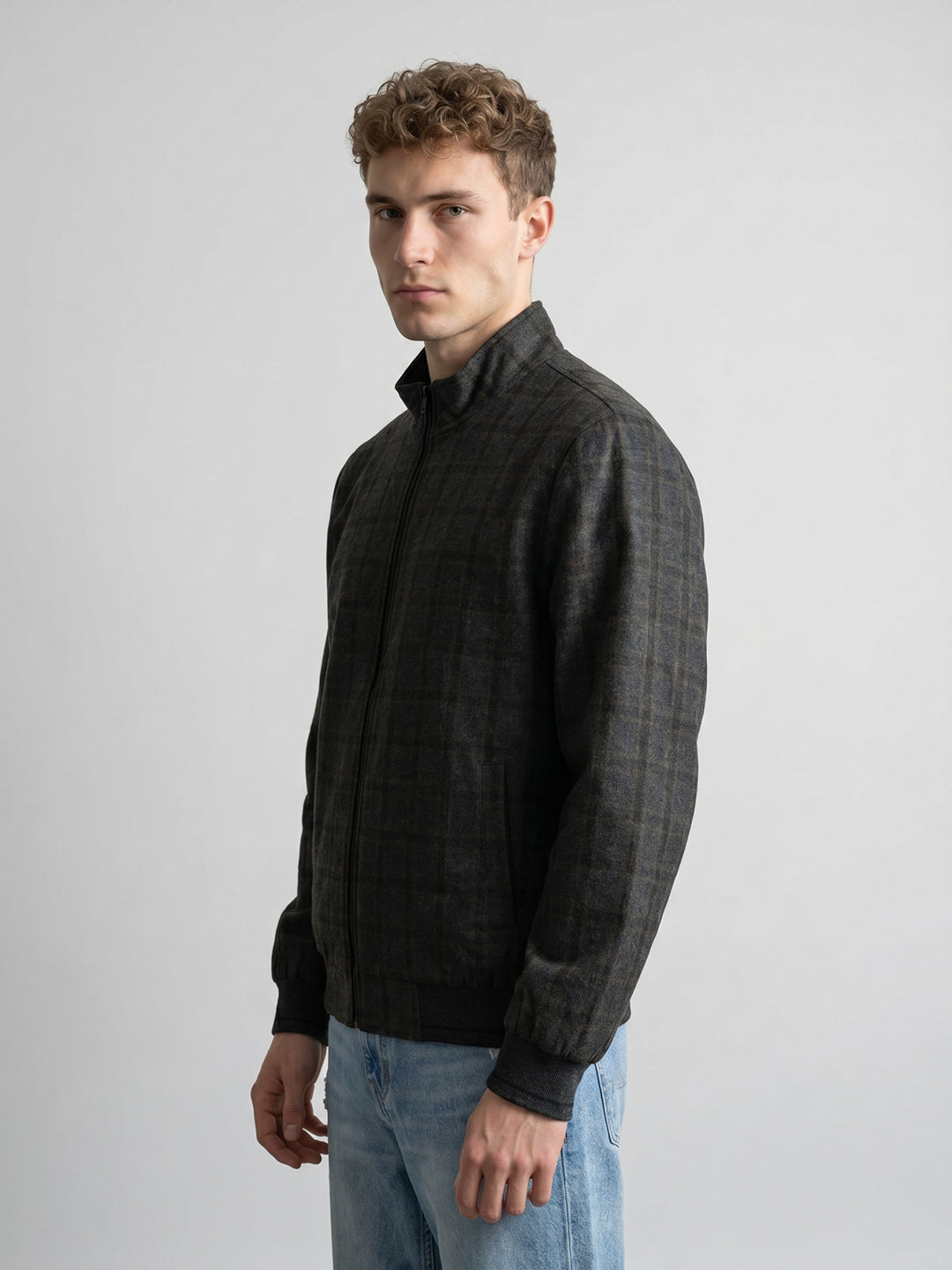 Men Grey Self Design Mandarin Collar Full Sleeve Coat