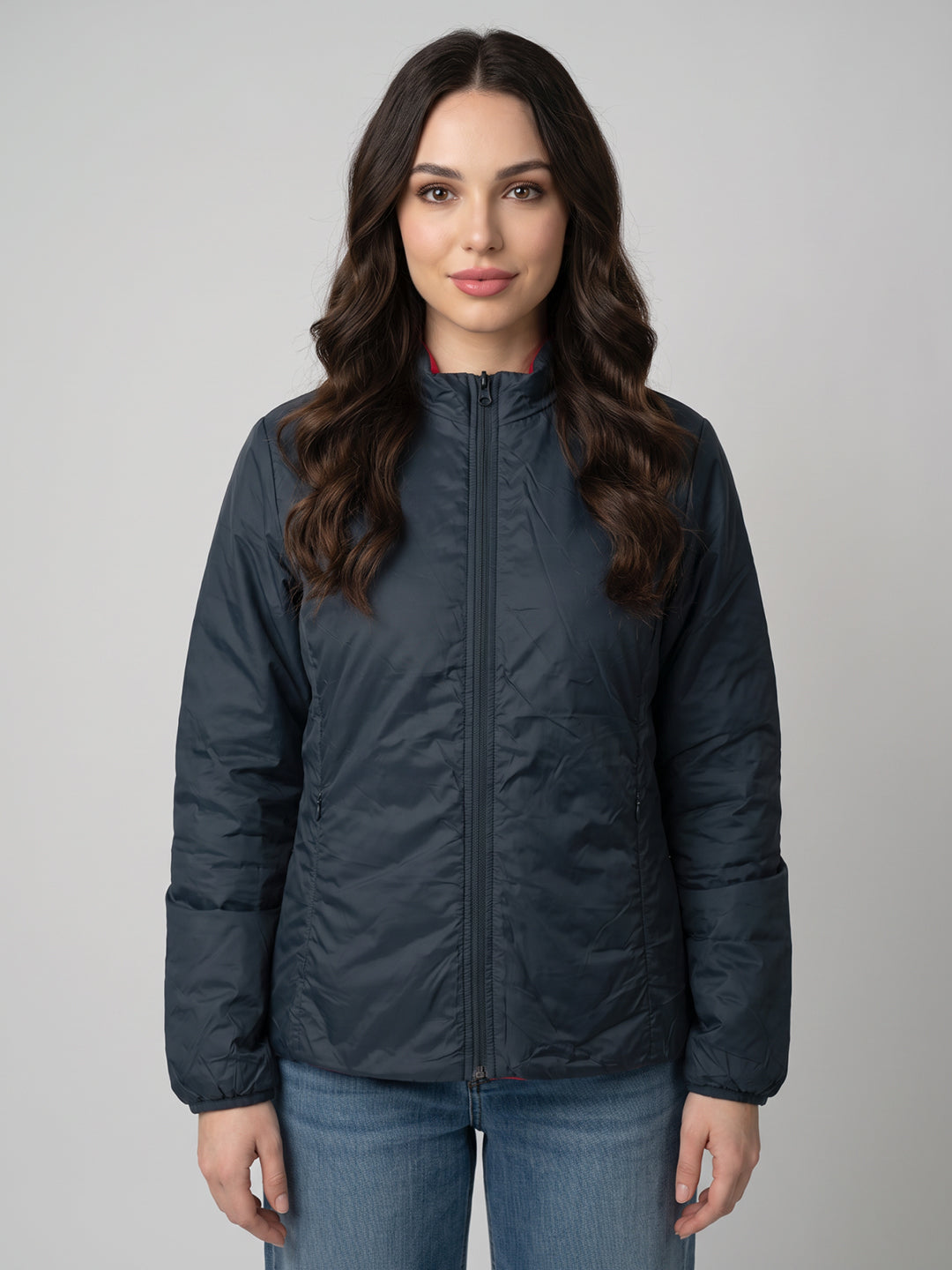 Women Blue & Red Solid Collar Full Sleeve Jacket