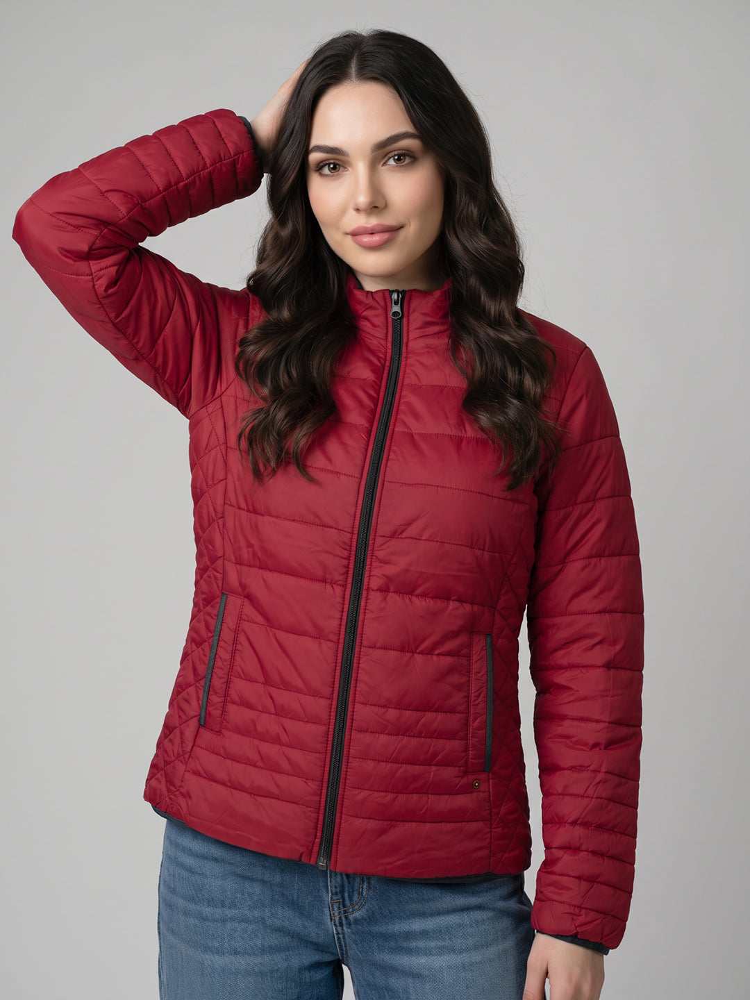 Women Blue & Red Solid Collar Full Sleeve Jacket