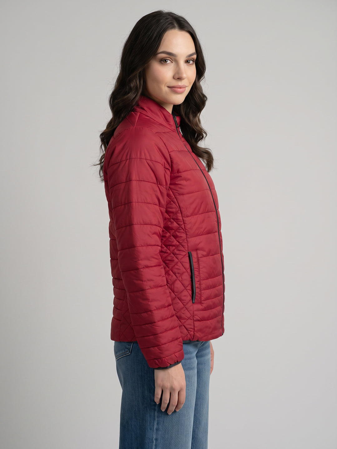 Women Blue & Red Solid Collar Full Sleeve Jacket