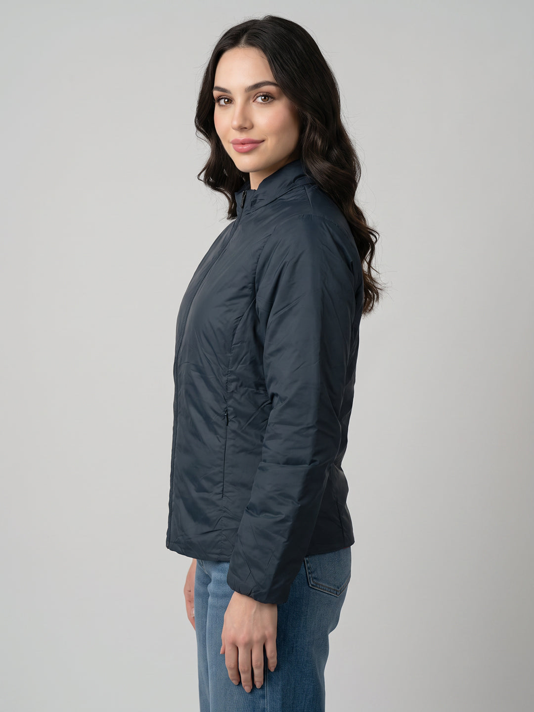 Women Blue & Red Solid Collar Full Sleeve Jacket