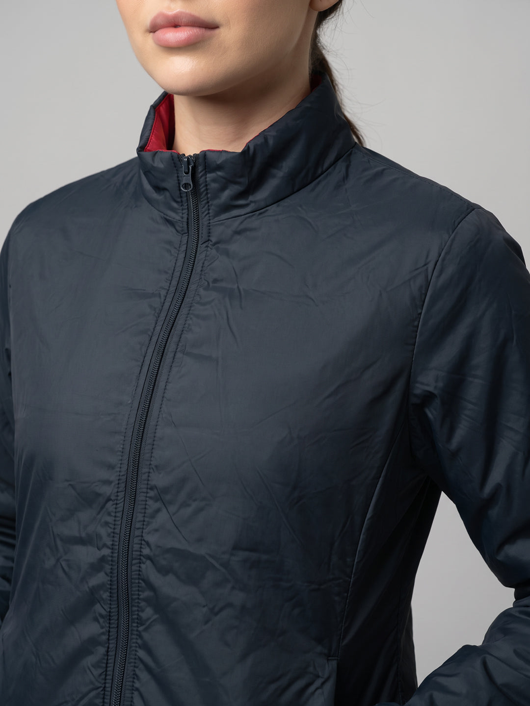 Women Blue & Red Solid Collar Full Sleeve Jacket