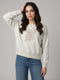 Women Grey Embroidered Round Neck Full Sleeve Sweatshirt