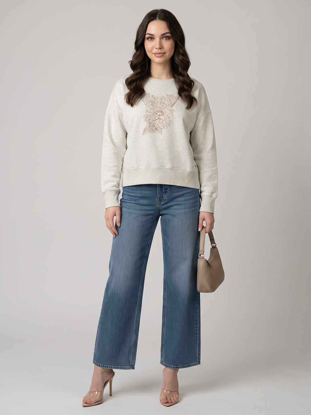 Women Grey Embroidered Round Neck Full Sleeve Sweatshirt
