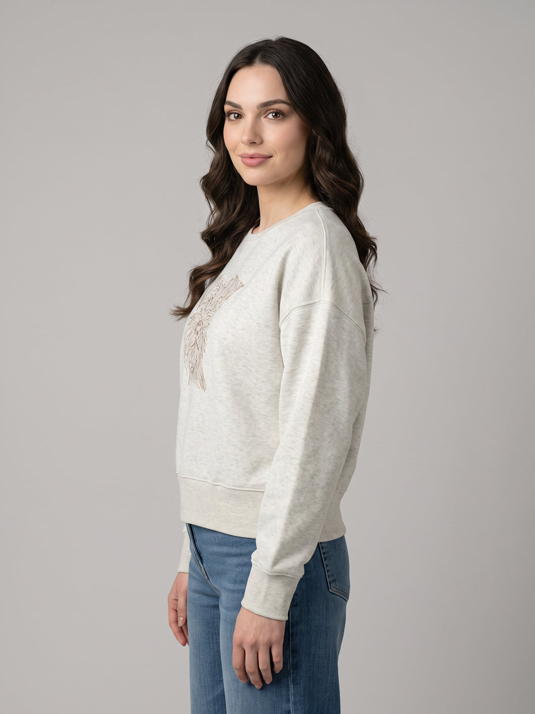 Women Grey Embroidered Round Neck Full Sleeve Sweatshirt