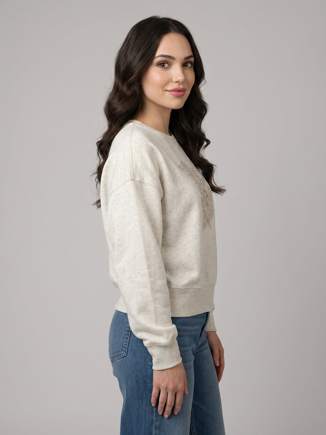 Women Grey Embroidered Round Neck Full Sleeve Sweatshirt