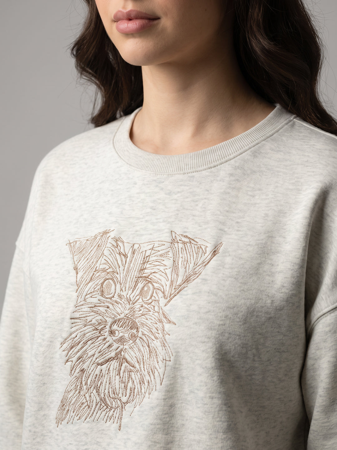 Women Grey Embroidered Round Neck Full Sleeve Sweatshirt
