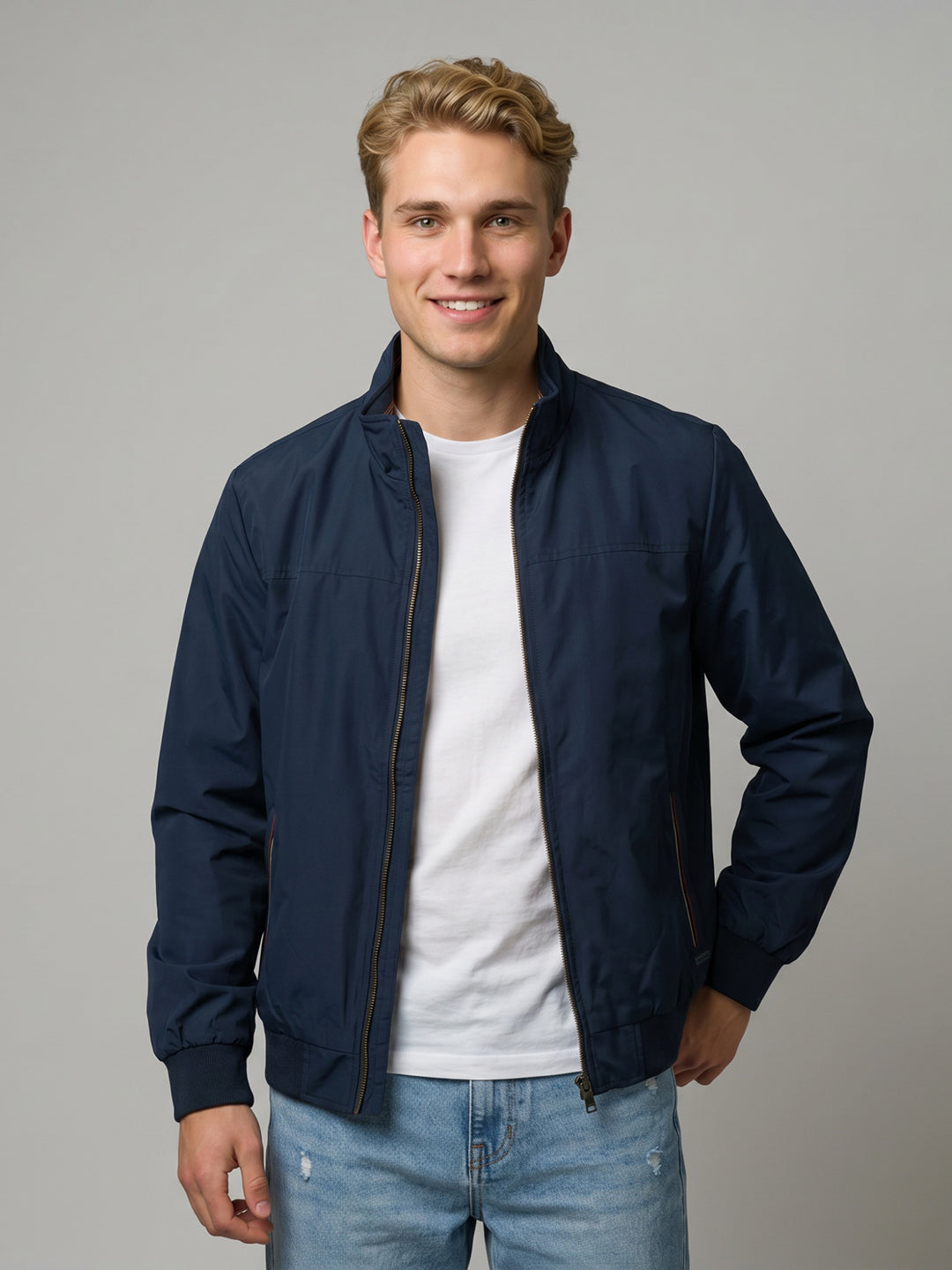 Men Navy Blue Solid Collar Full Sleeve Bomber Jacket