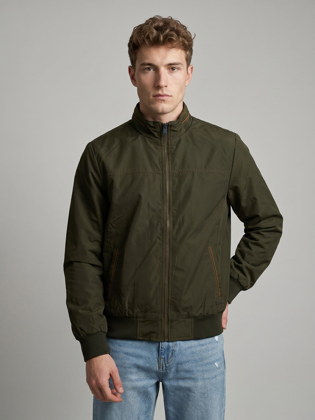 Men Olive Solid Collar Full Sleeve Bomber Jacket