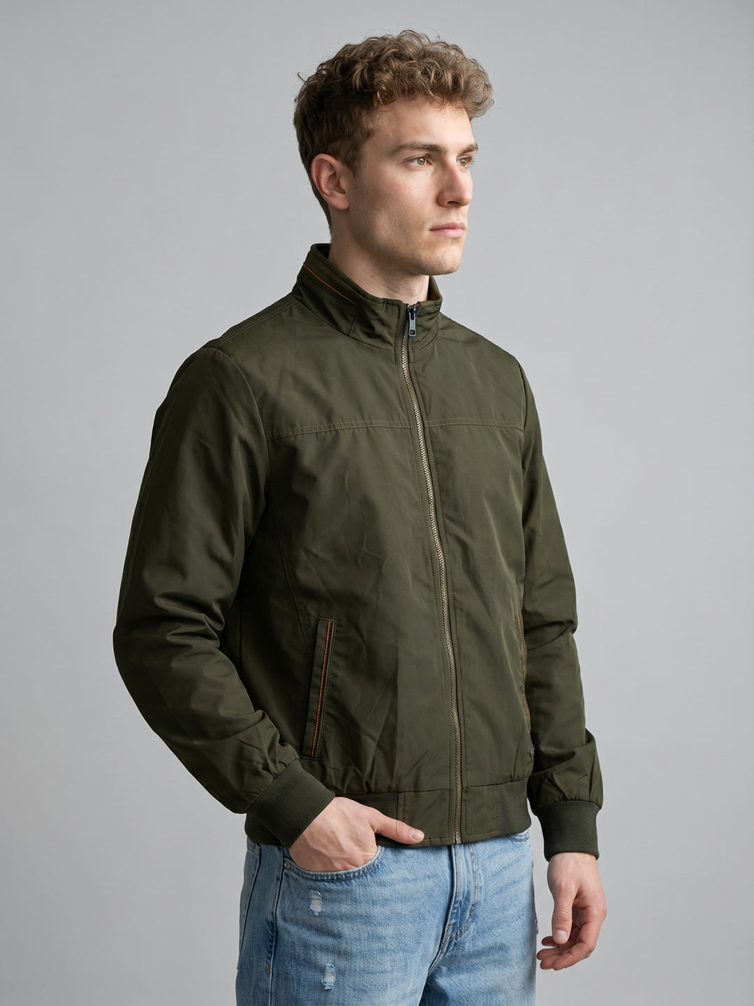 Men Olive Solid Collar Full Sleeve Bomber Jacket