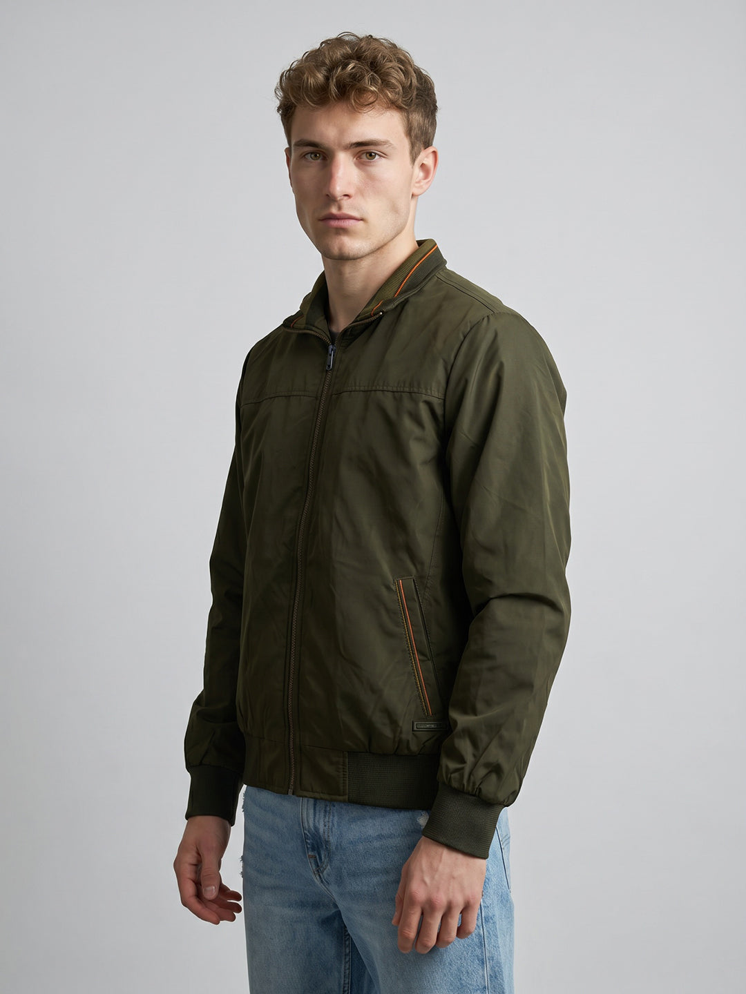Men Olive Solid Collar Full Sleeve Bomber Jacket