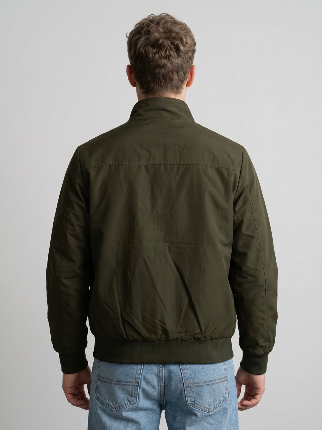 Men Olive Solid Collar Full Sleeve Bomber Jacket