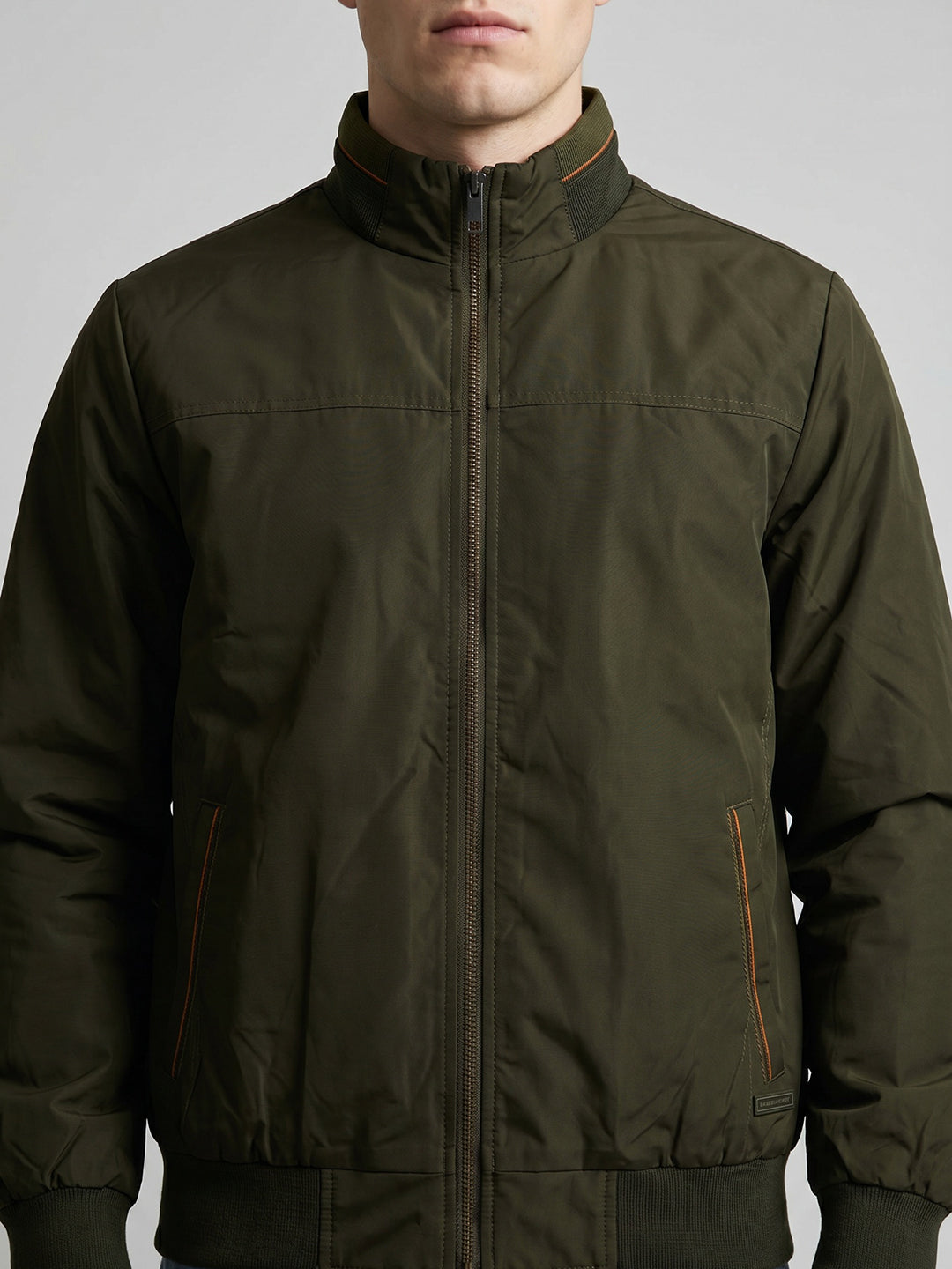 Men Olive Solid Collar Full Sleeve Bomber Jacket