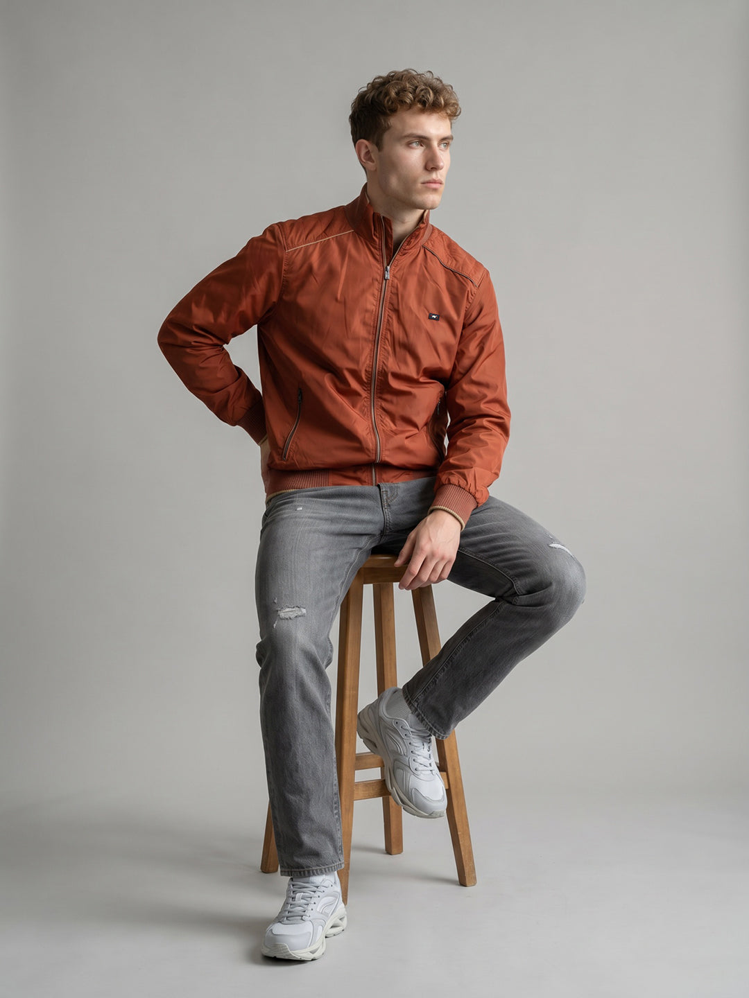 Men Rust Solid Collar Full Sleeve Bomber Jacket