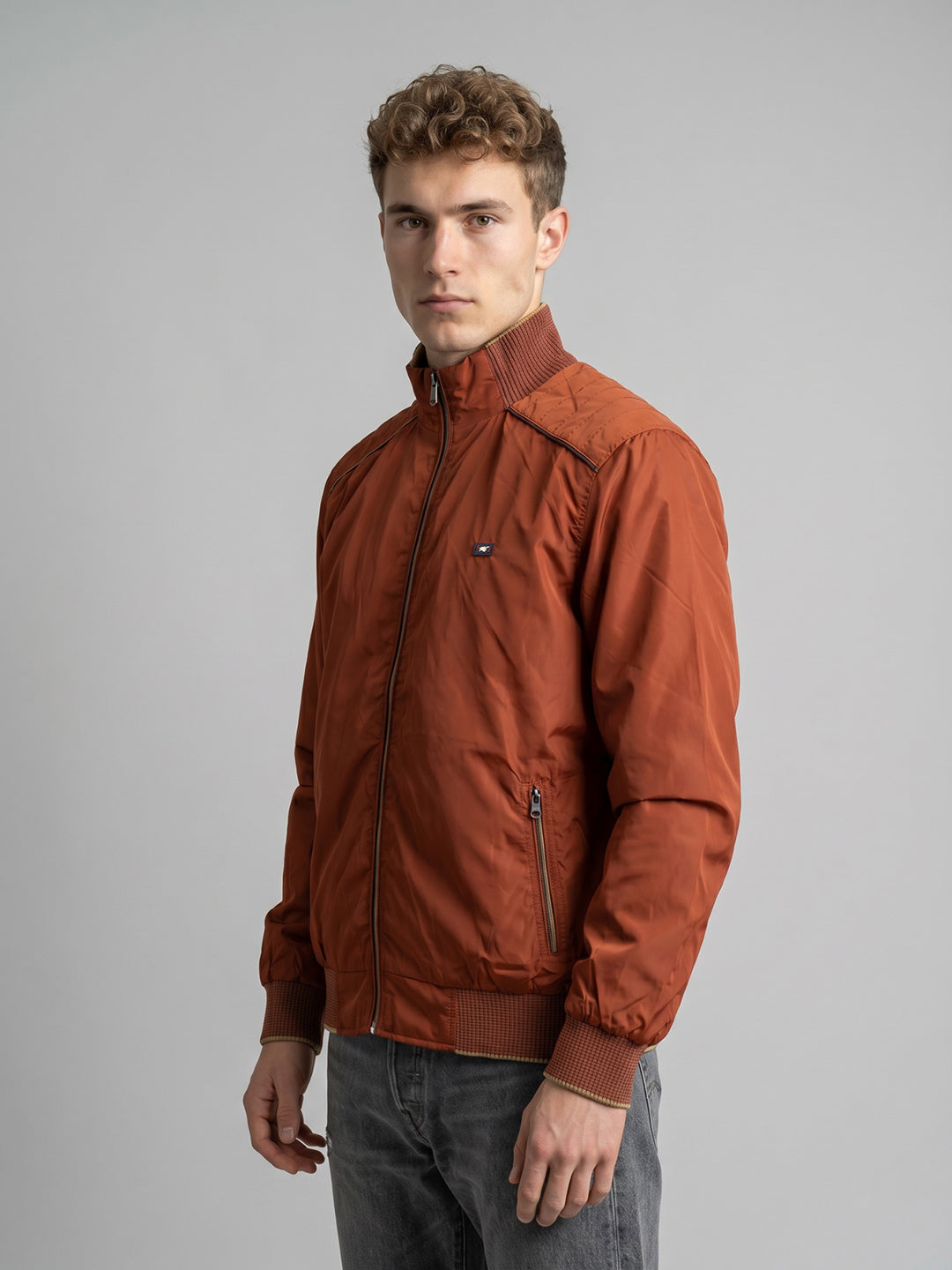 Men Rust Solid Collar Full Sleeve Bomber Jacket