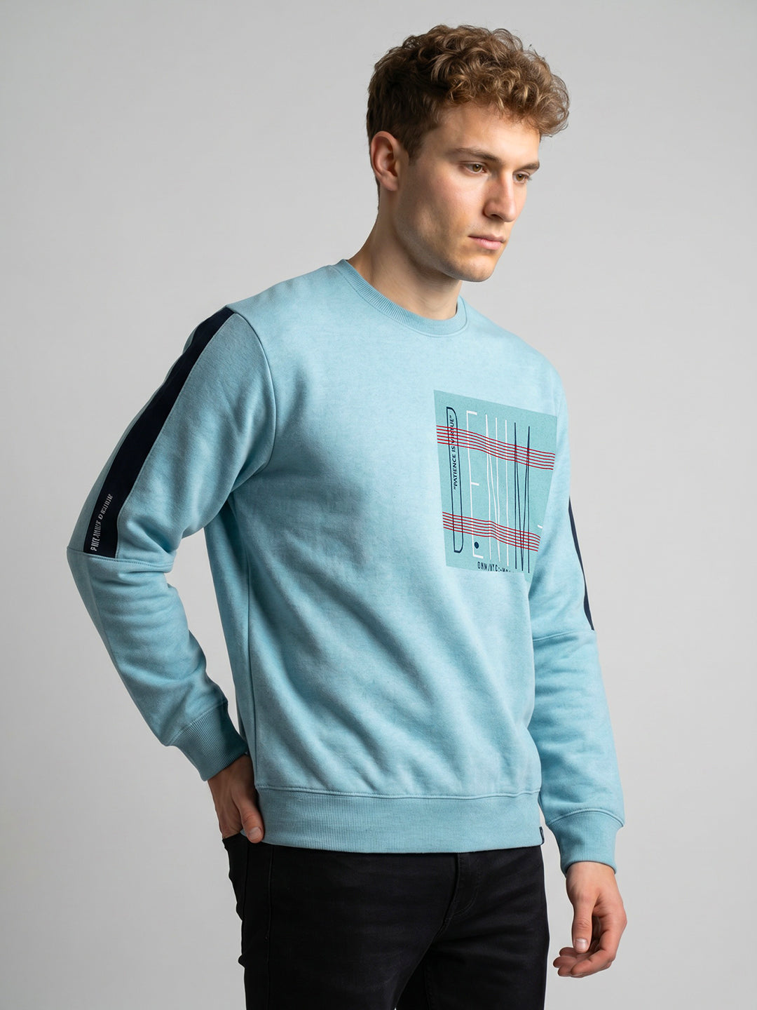 Men Sky Blue Printed Round Neck Full Sleeve Sweatshirt