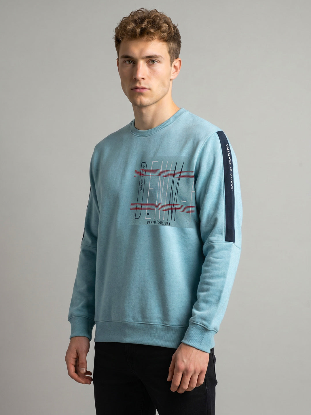 Men Sky Blue Printed Round Neck Full Sleeve Sweatshirt