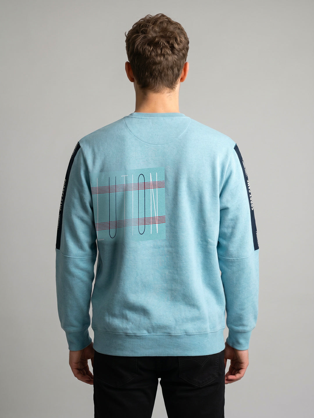Men Sky Blue Printed Round Neck Full Sleeve Sweatshirt