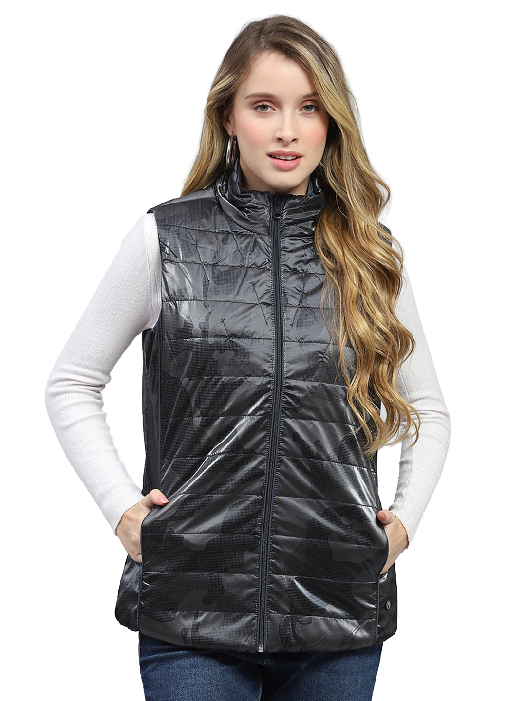 Women Navy Blue Solid Mock Neck Sleeveless Reversible Jacket