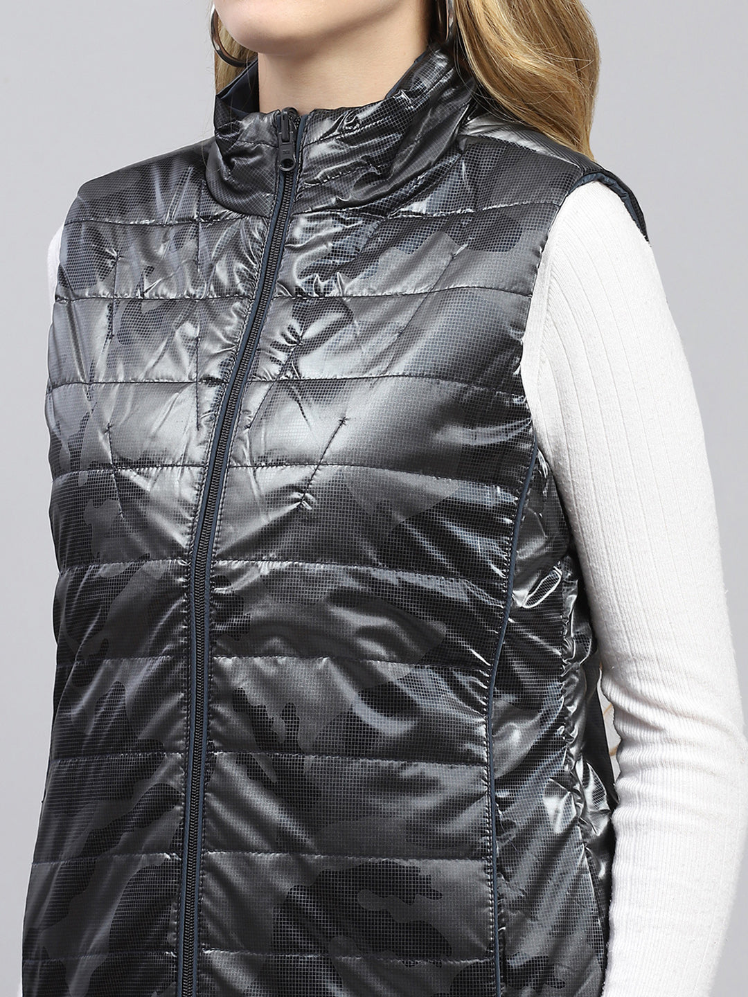 Women Navy Blue Solid Mock Neck Sleeveless Reversible Jacket