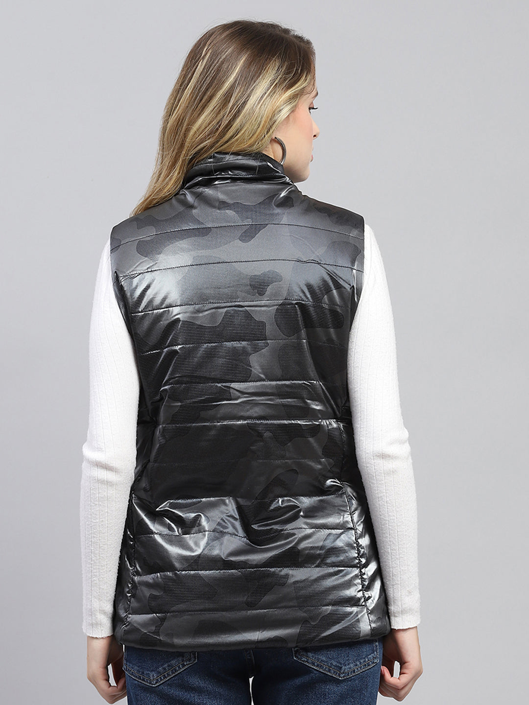 Women Navy Blue Solid Mock Neck Sleeveless Reversible Jacket