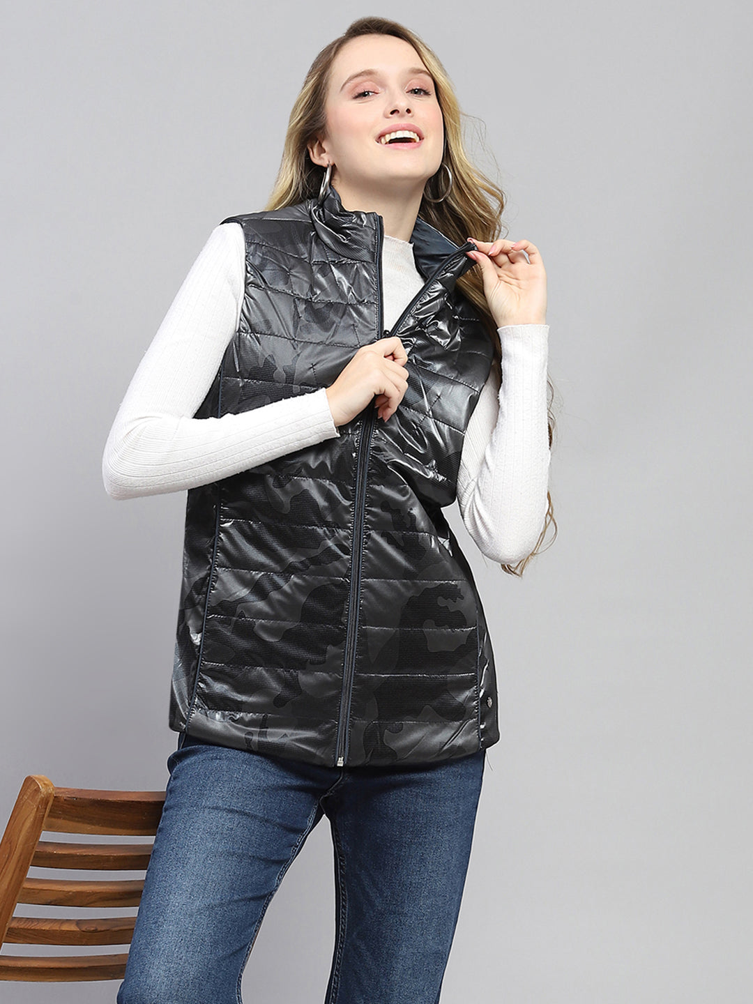 Women Navy Blue Solid Mock Neck Sleeveless Reversible Jacket