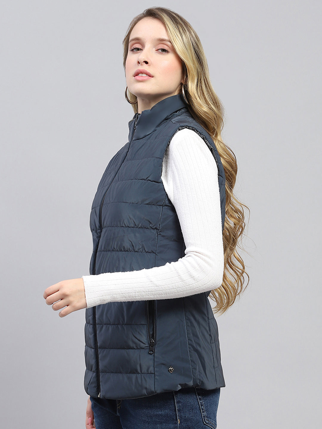 Women Navy Blue Solid Mock Neck Sleeveless Reversible Jacket