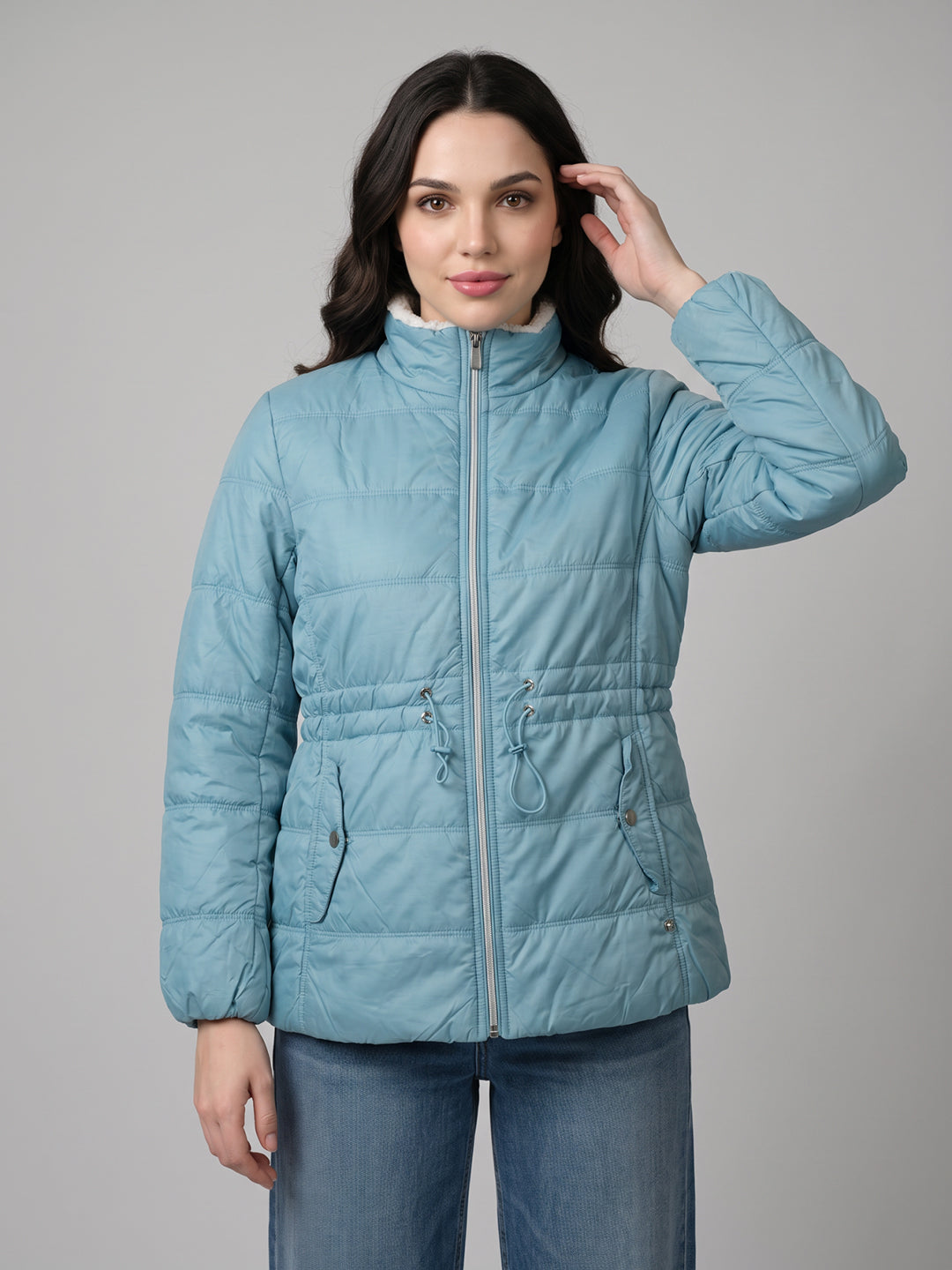 Women Blue Check Collar Full Sleeve Jacket