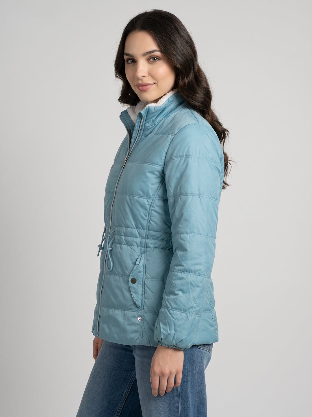 Women Blue Check Collar Full Sleeve Jacket