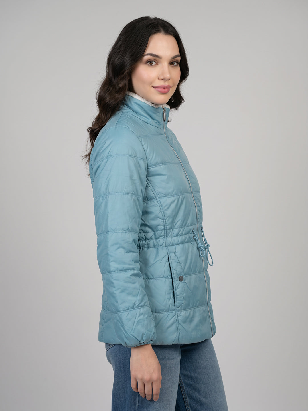 Women Blue Check Collar Full Sleeve Jacket