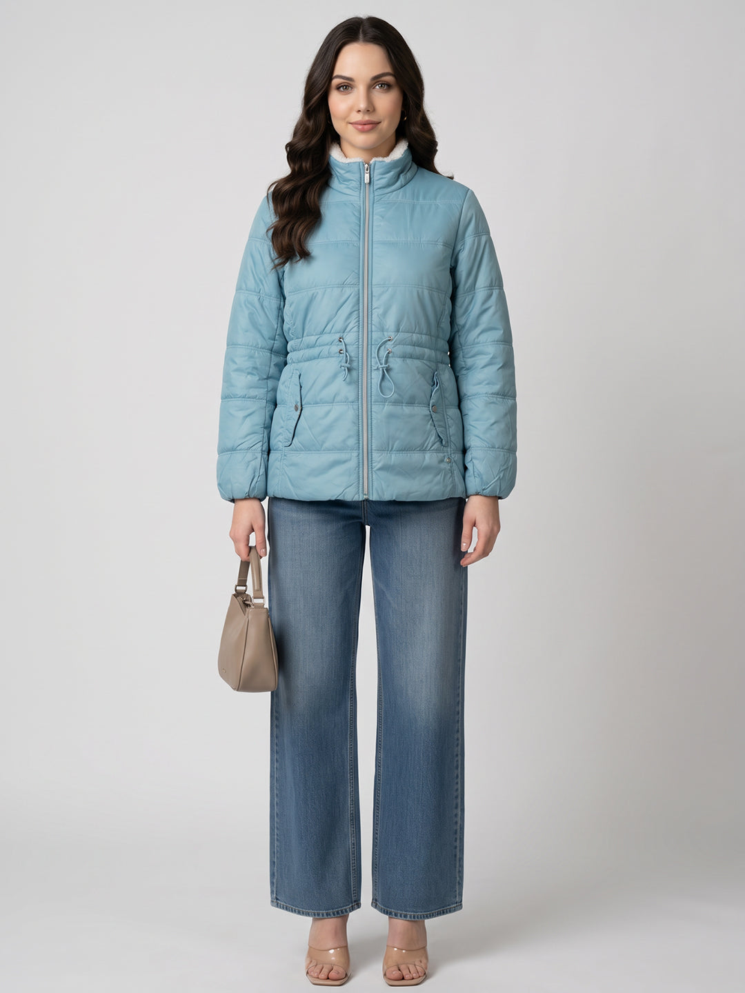 Women Blue Check Collar Full Sleeve Jacket