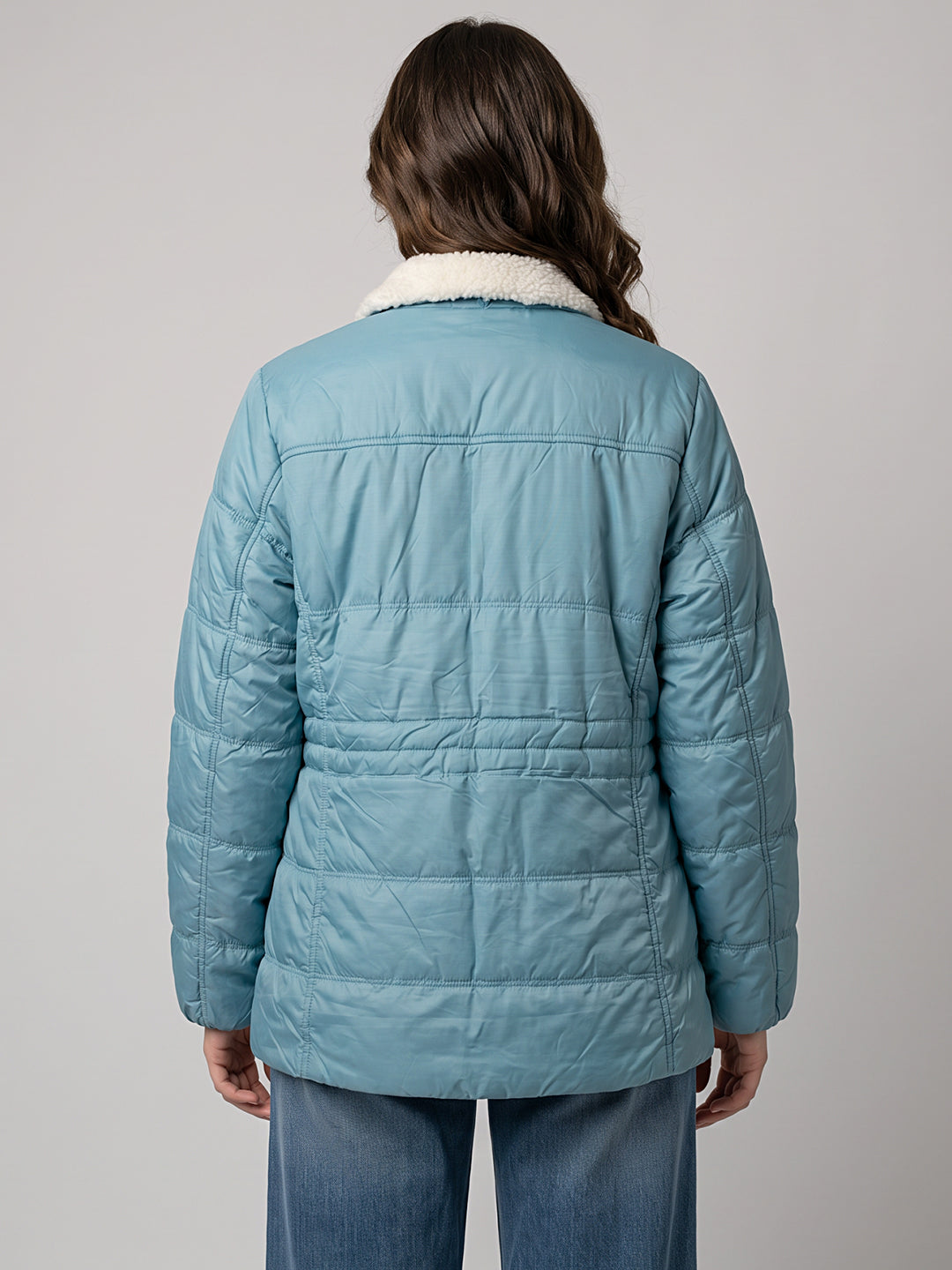 Women Blue Check Collar Full Sleeve Jacket