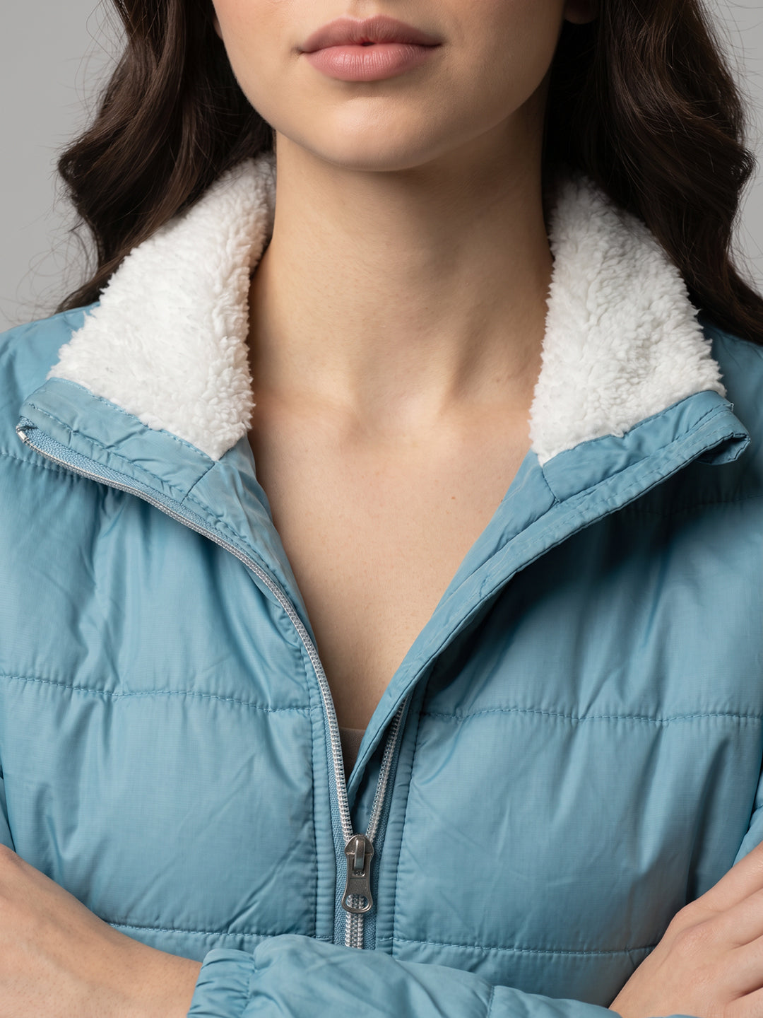 Women Blue Check Collar Full Sleeve Jacket