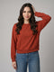 Women Rust Embroidered Round Neck Full Sleeve Sweatshirt