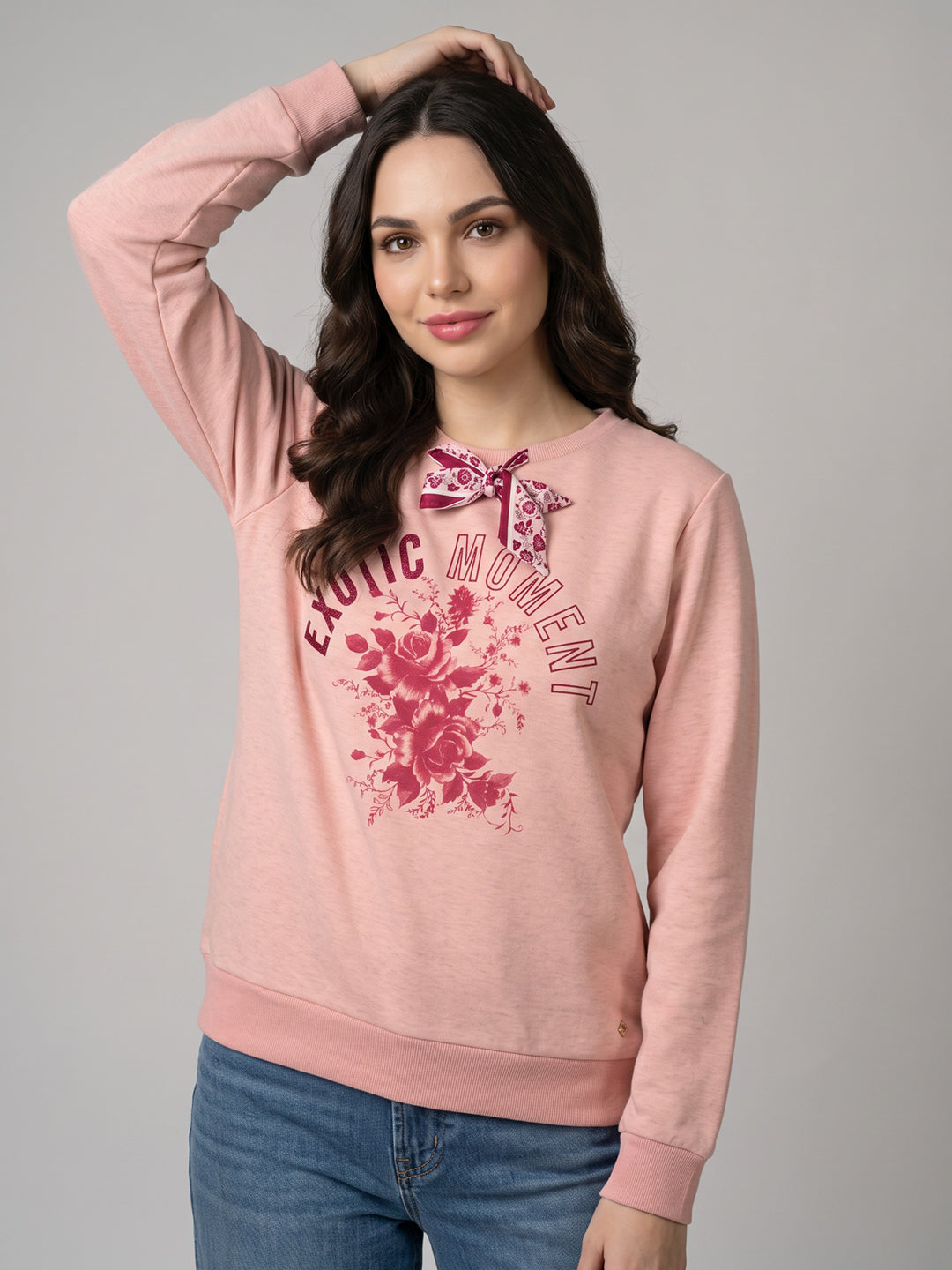 Women Peach Printed Round Neck Full Sleeve Sweatshirt